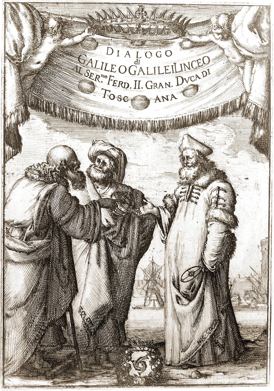 Aristoteles, Ptolemäus und Nikolaus Kopernikus (1473-1543) (Astronomen) im Gespräch - in „Dialogo sopra i due massimi sistemi del mondo“ von Galileo Galilei von Unknown
