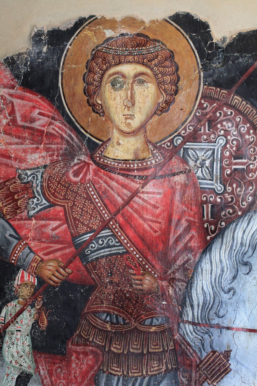 Byzantinisches Fresko aus dem 15. Jahrhundert (Detail) Heiliger Georg Wandmalerei Michael-Archangel-Kirche in Pedoulas, Zypern, Bemalte Kirchen UNESCO-Stätte Troodos, Zypern von Unknown