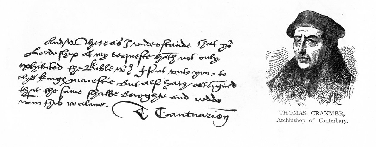 Handschrift und Unterschrift von Erzbischof Cranmer aus einem Brief an Thomas Cromwell, in dem er ihm für die Erlangung der Zustimmung Heinrichs VIII. zur englischen Bibelübersetzung dankt, 13. August 1537 (Feder & Tinte) von Unknown