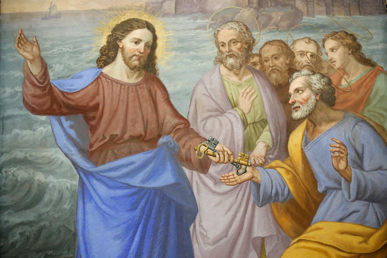 Saint-Grat-Kirche, Gemälde, Christus übergibt Petrus die Schlüssel, Valgrisenche, Italien von Unknown