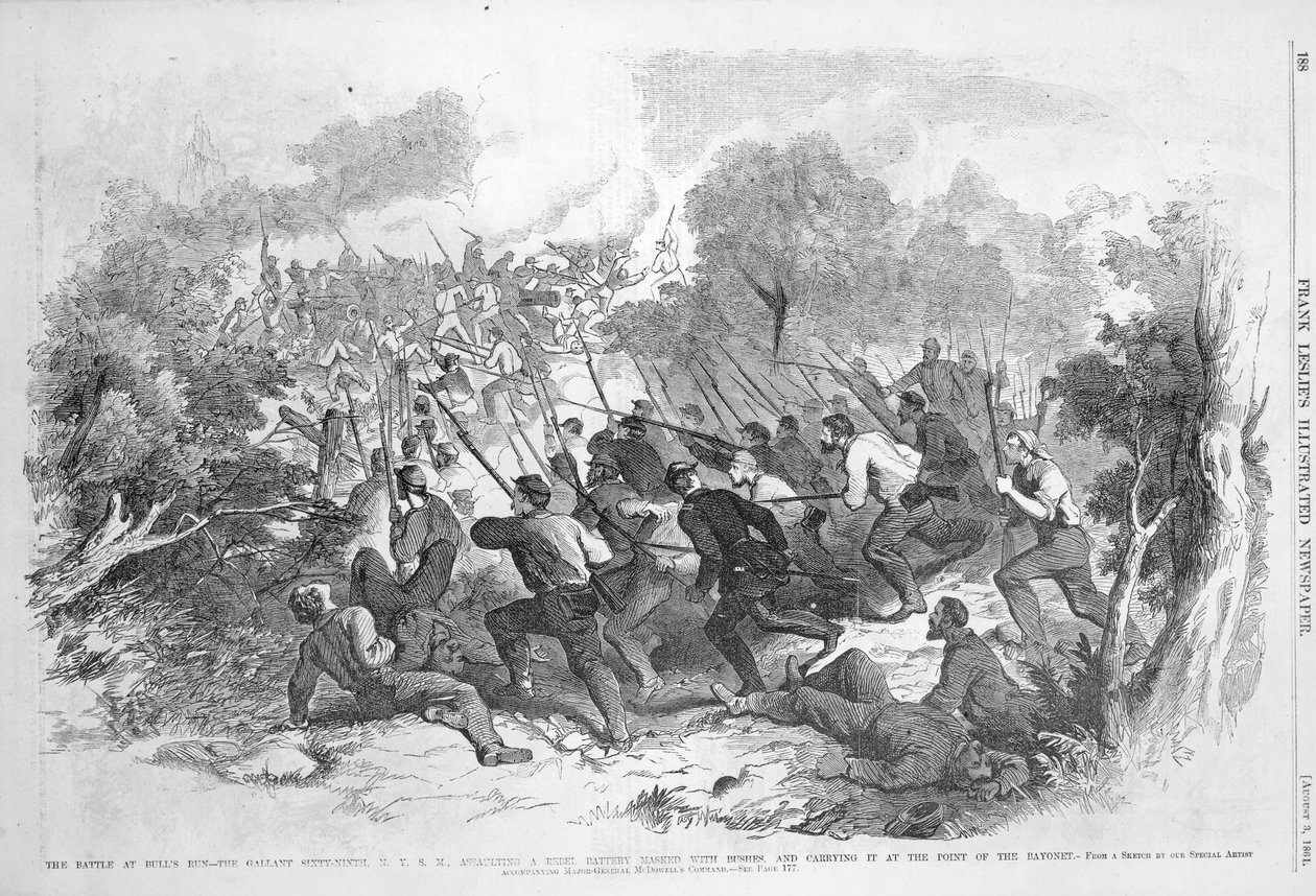 Die Schlacht bei Bull Run: Das tapfere 69. N.Y.S.M. greift eine von Büschen maskierte Rebellenbatterie an und erobert sie mit dem Bajonett, aus 