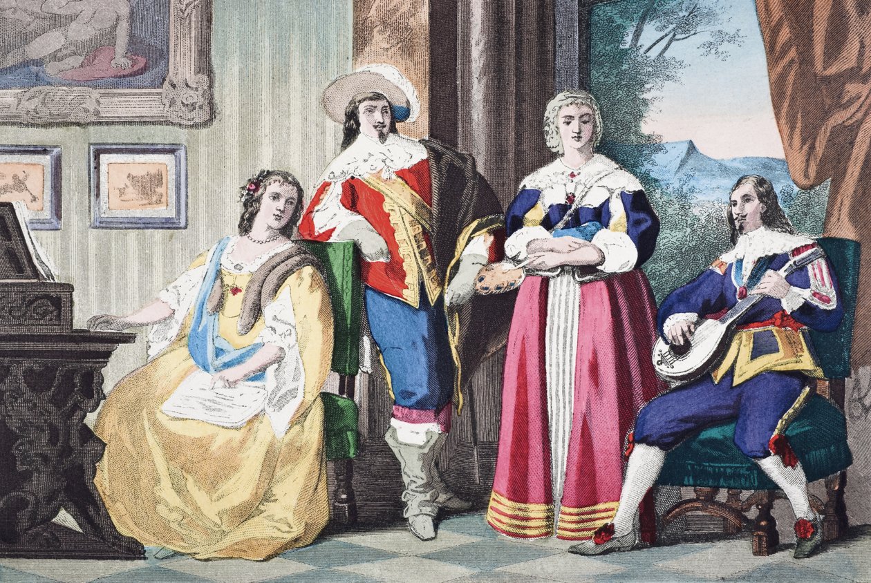 Englische Kavalierskostüme während der Herrschaft von Karl II., um 1670, aus 