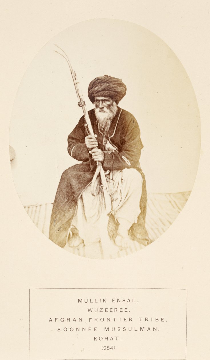 Mullik Ensal, Wuzeeree Stammesangehöriger von der afghanischen Grenzstamm, Kohat, aus Die Völker Indiens, von J. Forbes Watson, veröffentlicht 1868 von English Photographer
