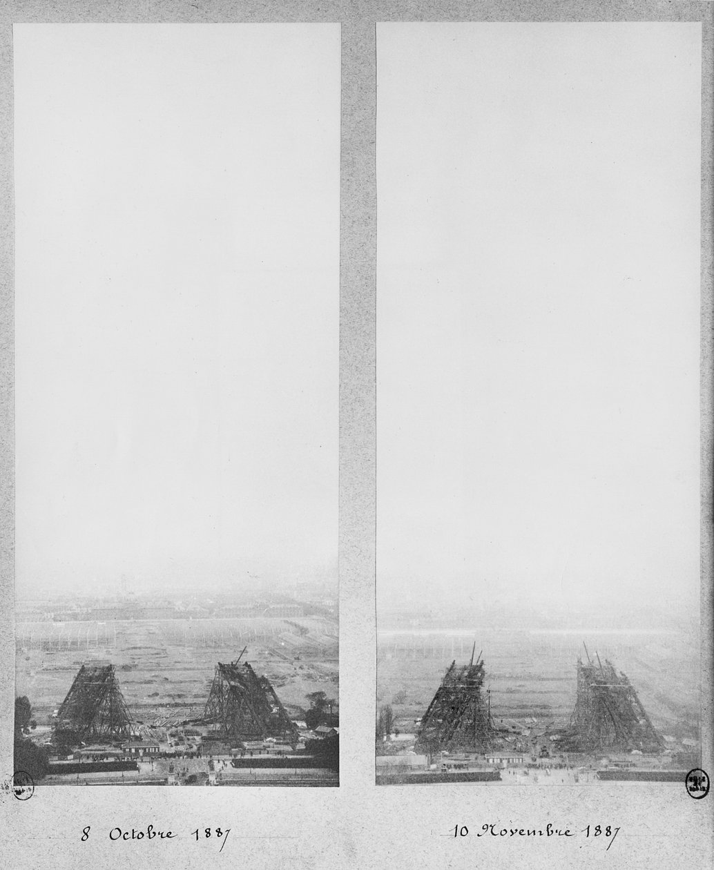 Zwei Ansichten des Baus des Eiffelturms, Paris, 8. Oktober und 10. November 1887 von French Photographer