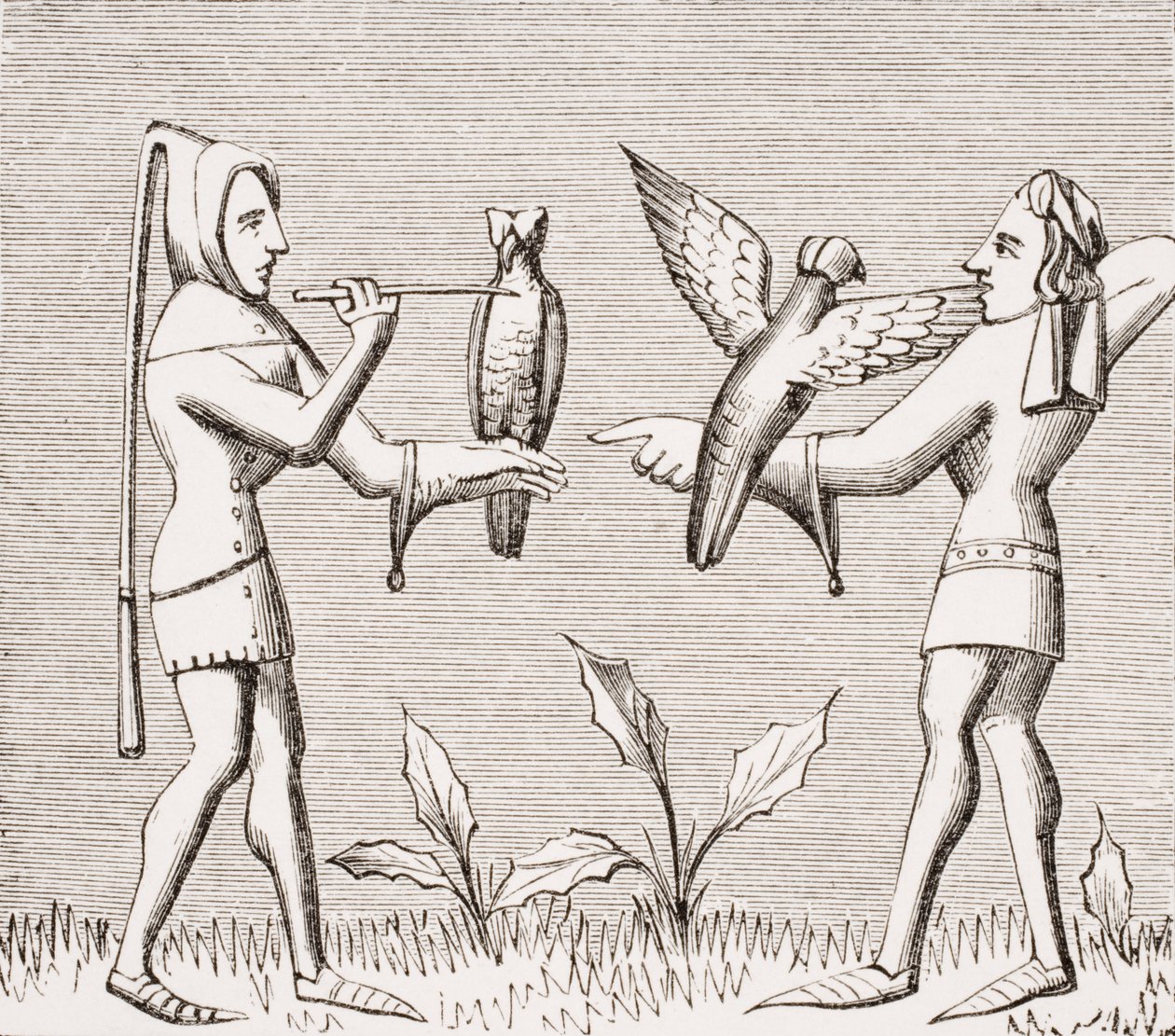 Falkner, die ihre Vögel kleiden, Reproduktion einer Miniatur im Manuskript 