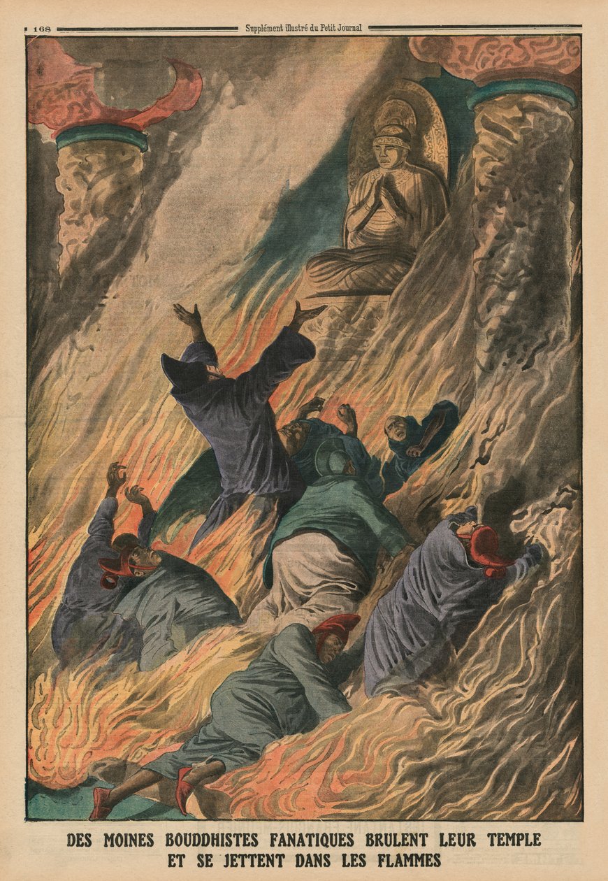 Fanatische buddhistische Mönche setzen ihren Tempel in Brand und werfen sich in die Flammen, Insel Formosa, Rückseitencover-Illustration aus 