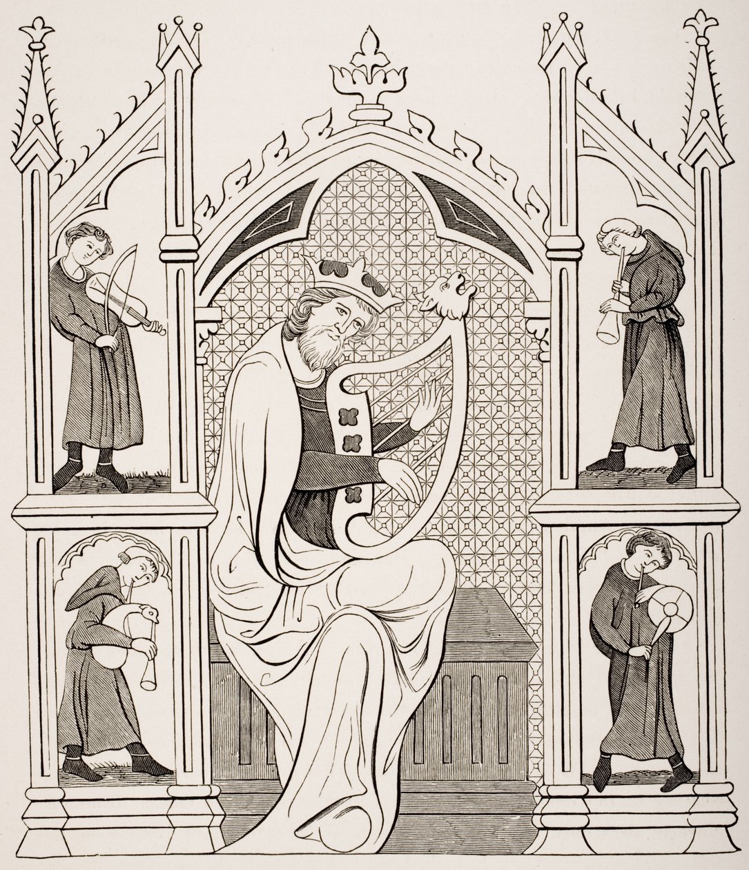 König David spielt die Leier, umgeben von vier Musikern, nach einer Miniatur in einem Manuskript-Psalter, aus 