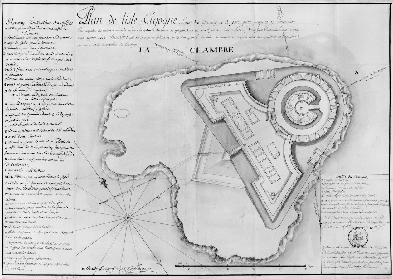 Plan der Ile Cigogne und das Projekt einer Festung, Archipel des Glenan, 1745 von French School