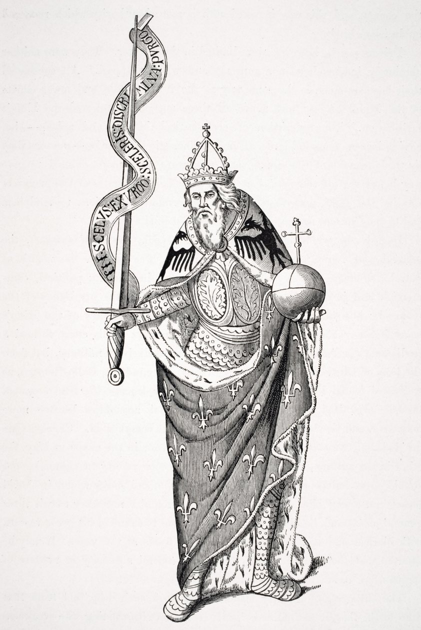 Der Kaiser Karl der Große (747-814) hält den Globus und das Schwert, nach einer Miniatur in den Registern der Universität Paris, aus 