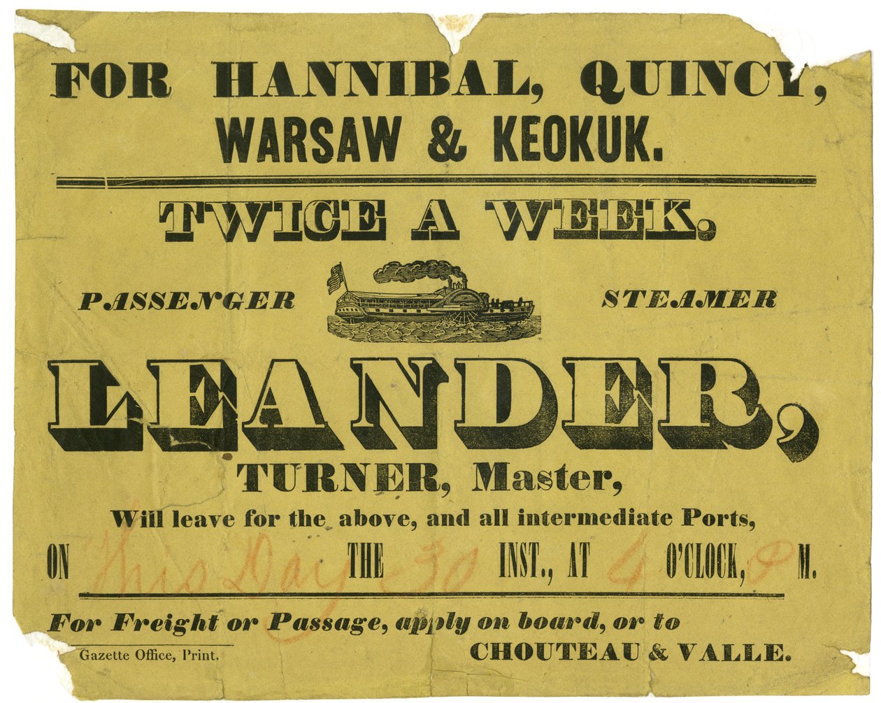 Werbung für S.S.Leander, zweimal wöchentlich Fracht oder Passage, nach Hannibal, Quincy, Warsaw und Keokuk, ca. 1850 von Unknown