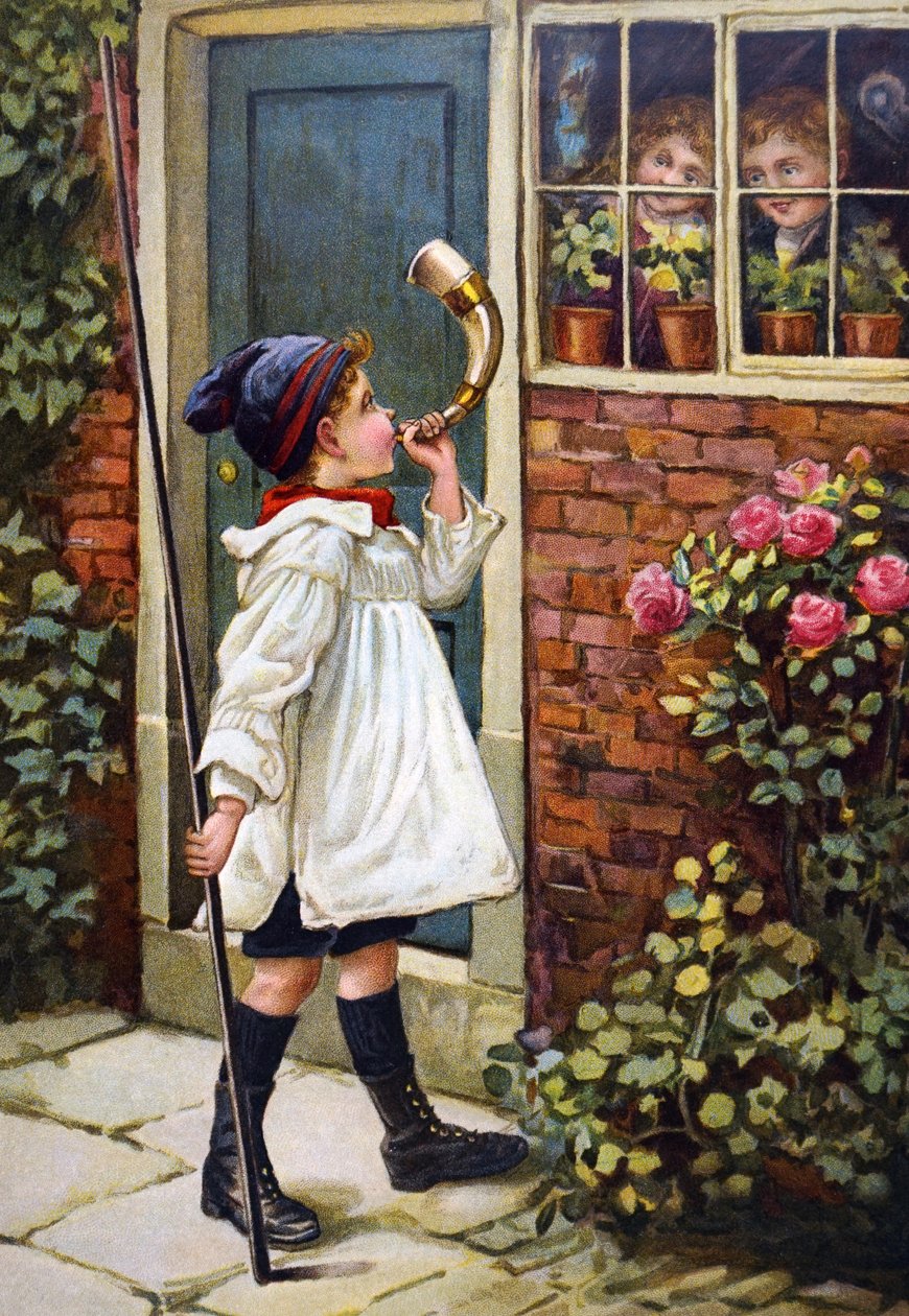 Ein Junge bläst ein Horn vor seinem Haus von Unknown