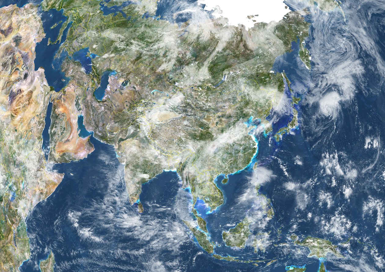 Asien mit Ländergrenzen und Wolkenbedeckung, Echtfarben-Satellitenbild von Unknown