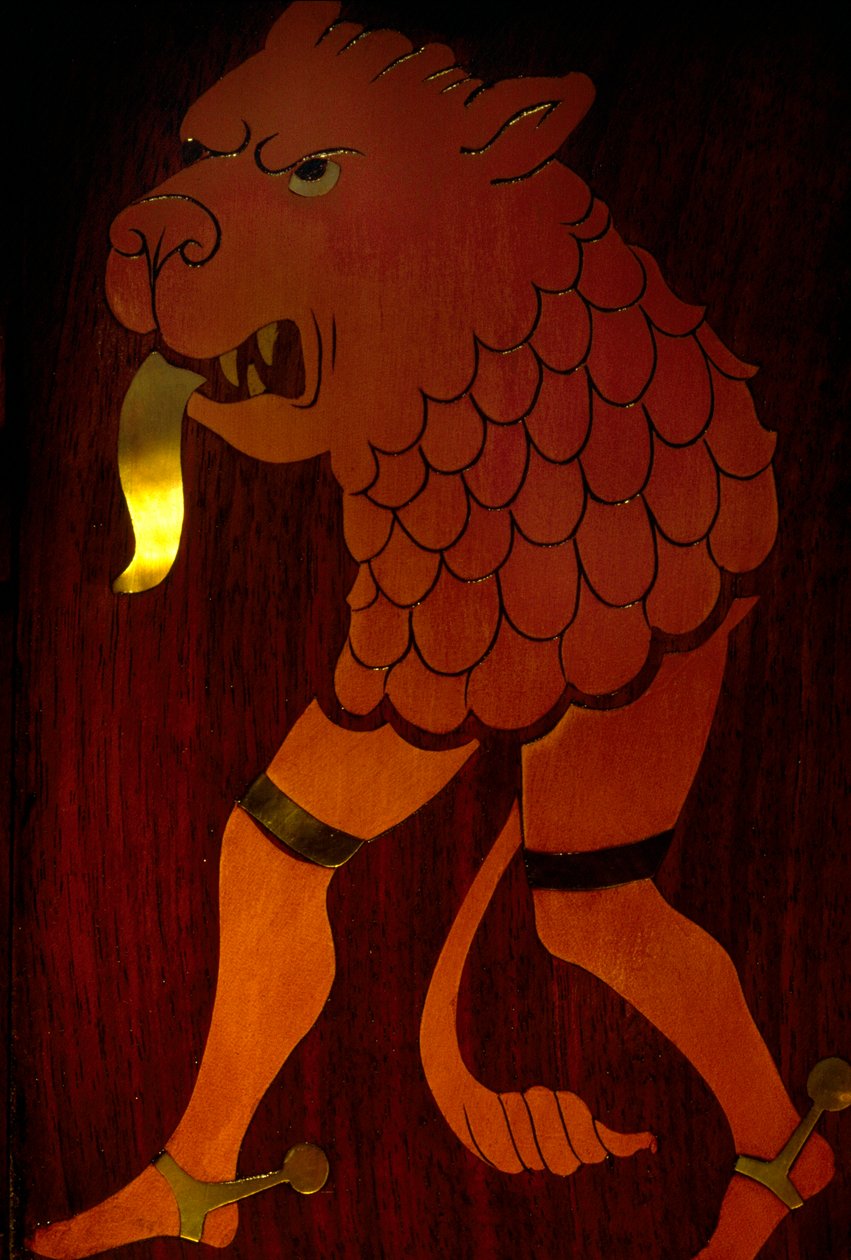 Detail eines eingelegten löwenköpfigen Tieres im Winterrauchzimmer, Cardiff Castle, Wales von Unknown