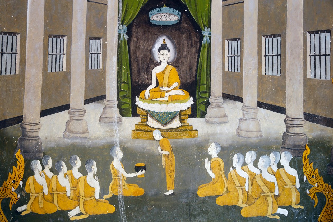 Fresko, das eine Szene aus dem Leben Buddhas in Wat Phra Doi Suthep, Chiang Mai darstellt. Buddha mit seiner Sangha. Thailand von Unknown