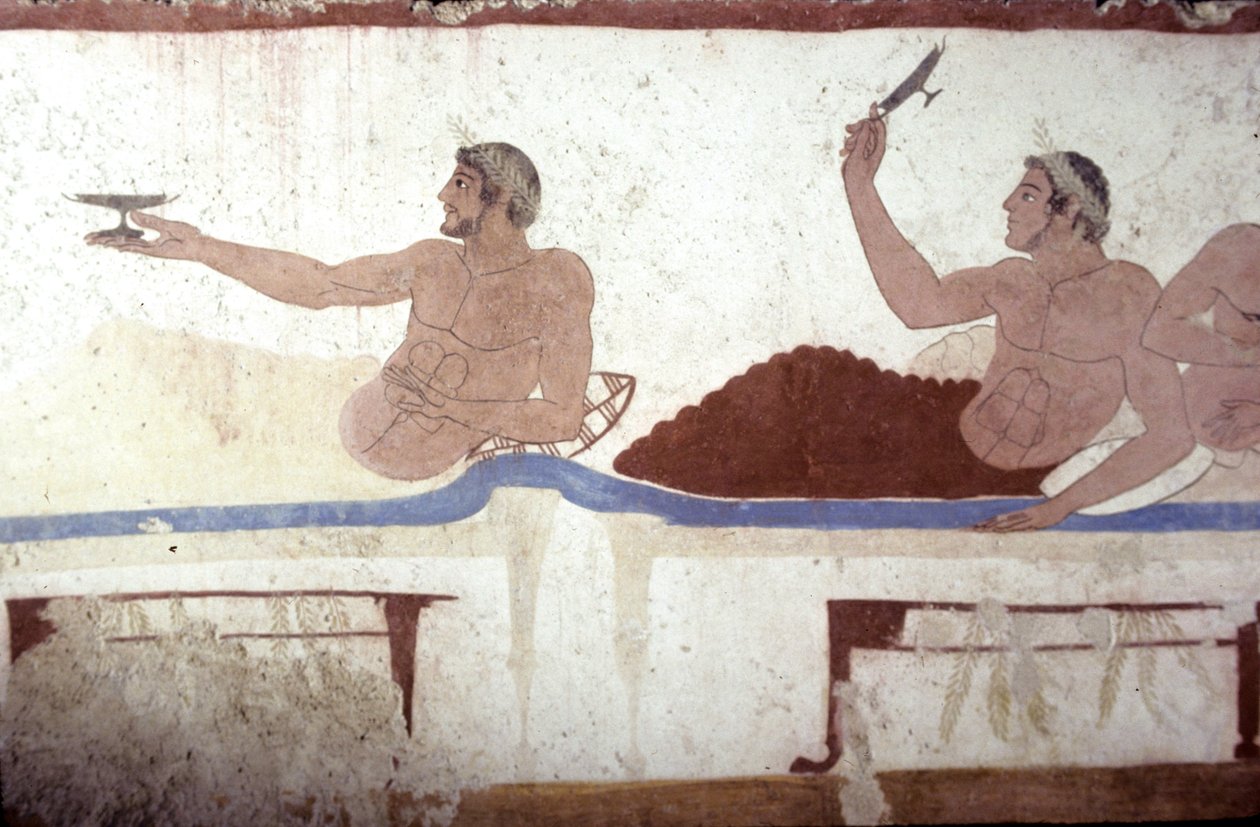 Griechische Malerei aus dem Grab des Tauchers, Paestum, 480 v. Chr. Bankettszene. Symposiumsszene, Italien von Unknown
