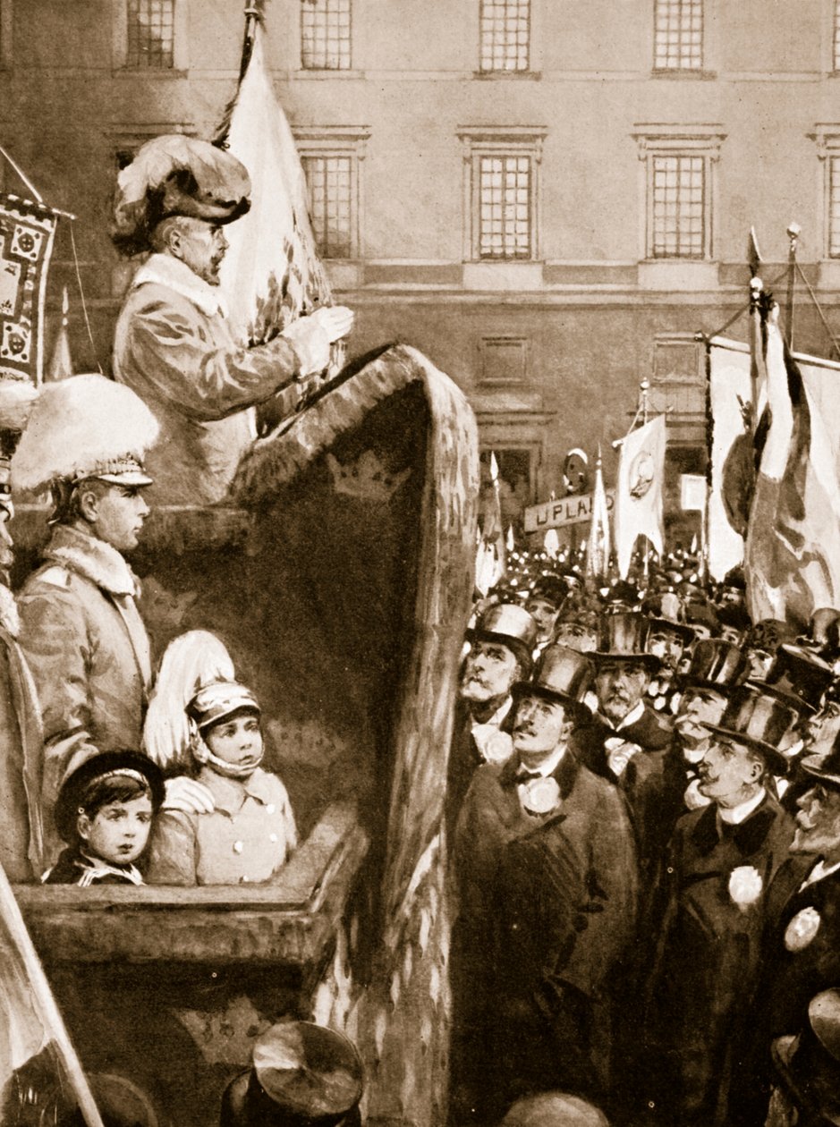 König Karl XV. von Schweden spricht zu einer Menge über erhöhte Rüstungen zur Verteidigung des Landes, 1866 von Unknown