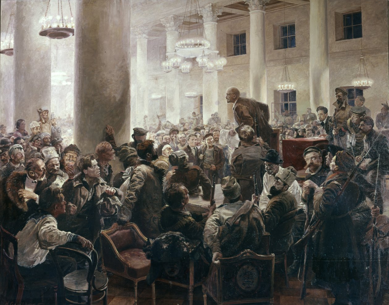 Lenin spricht auf dem Allrussischen Kongress der Sowjets von I. A. Serebryany, Zentralmuseum Lenin, Leningrad, Treffen von V. I. Lenin mit N. K. Krupskoy von Unknown