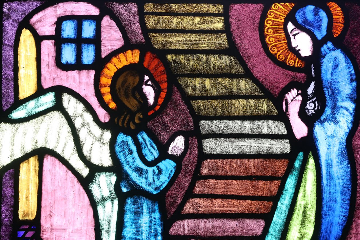 Kirche Saint Paul, Glasfenster von A. Poncet, Die Verkündigung an die selige Jungfrau Maria durch den Erzengel Gabriel, Genf, Schweiz von Unknown