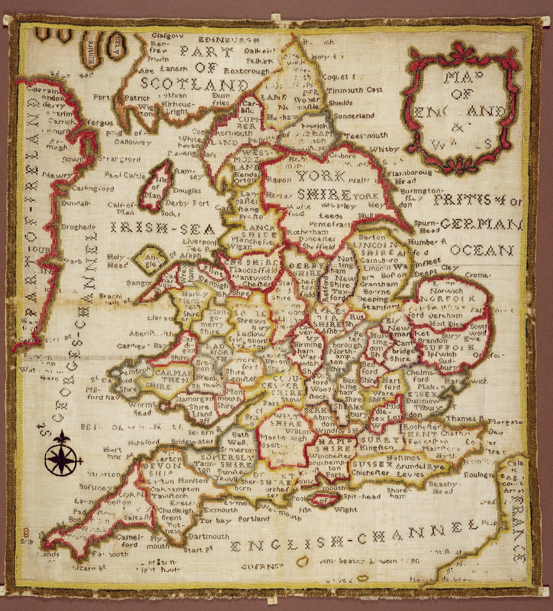 Stickerei, die eine Karte von England und Wales darstellt, von Ann Seaton aus Lincoln, 1798 von Unknown