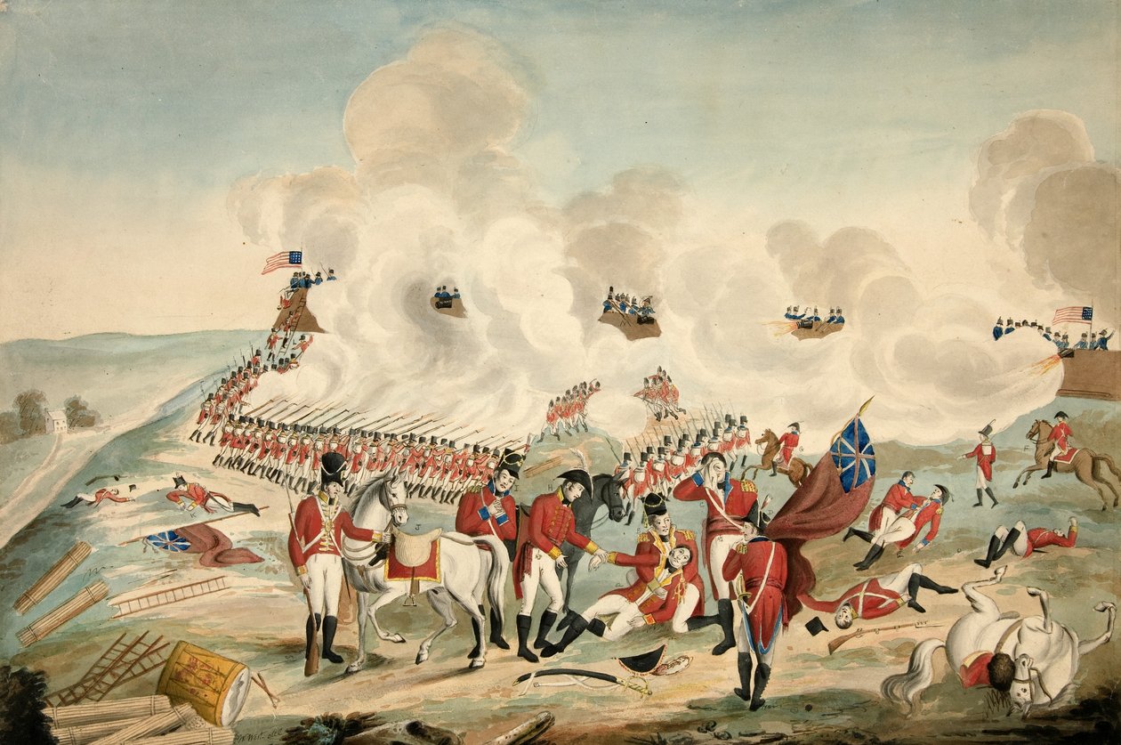 Schlacht von New Orleans und Tod von Generalmajor Packenham am 8. Januar 1815, veröffentlicht 1815 von American School