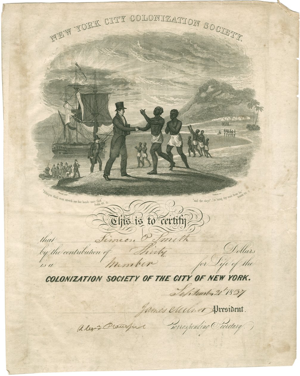 Kolonisationsgesellschaftszertifikat für Simeon P. Smith, 1837 von American School