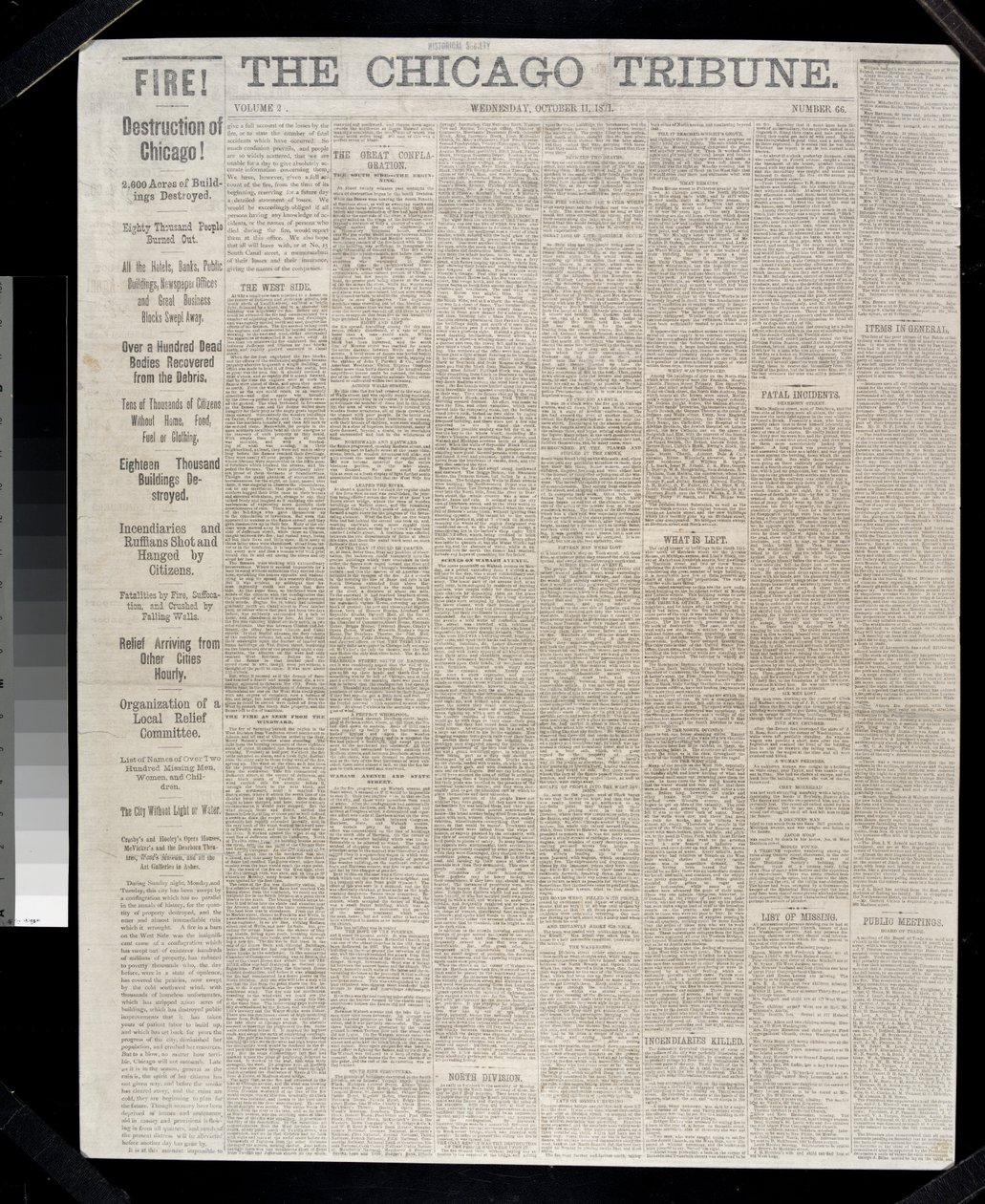 Titelseite der Chicago Tribune zum Chicago-Feuer von 1871, 1871 von American School