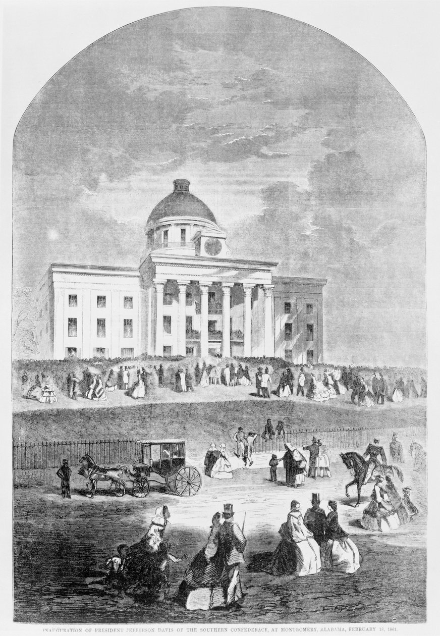 Einweihung von Präsident Jefferson Davis der Südstaatenkonföderation in Montgomery, Alabama, veröffentlicht von Harpers Weekly, 18. Februar 1861 von American School