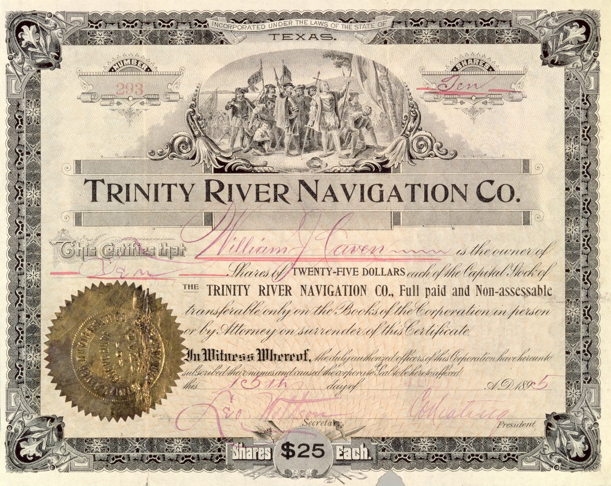Aktie der Trinity River Navigation Co., 1895 von American School