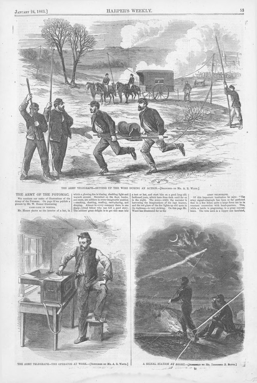 Die Armee-Telegraphie - Aufstellen des Drahtes während einer Aktion, Harpers Weekly, Bd. 7, 24. Januar 1863 (Druck) von American School