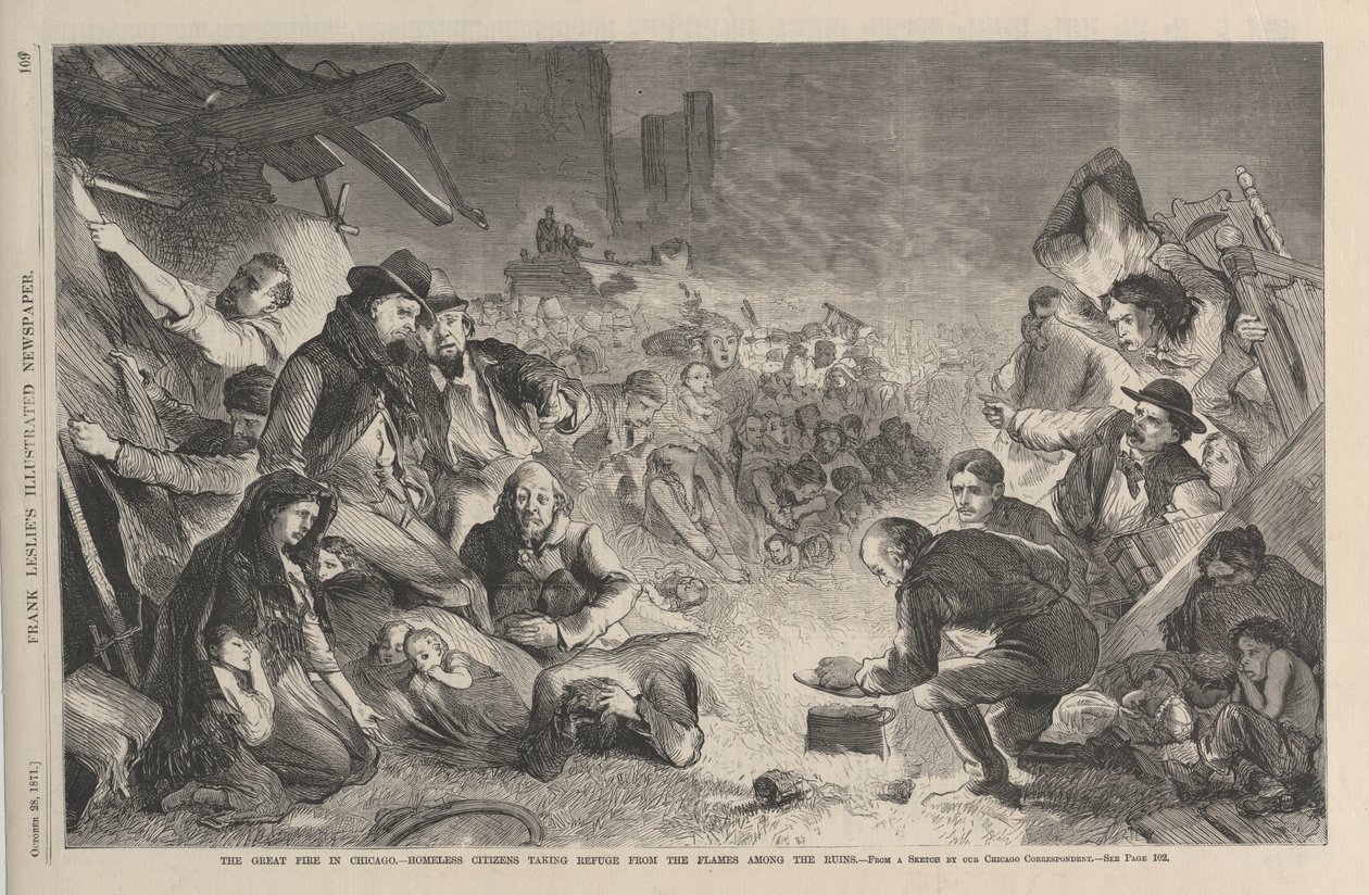 Das große Feuer in Chicago - obdachlose Bürger suchen Zuflucht vor den Flammen in den Ruinen, Illustration aus Frank Leslies Illustrated Newspaper, 1871 von American School