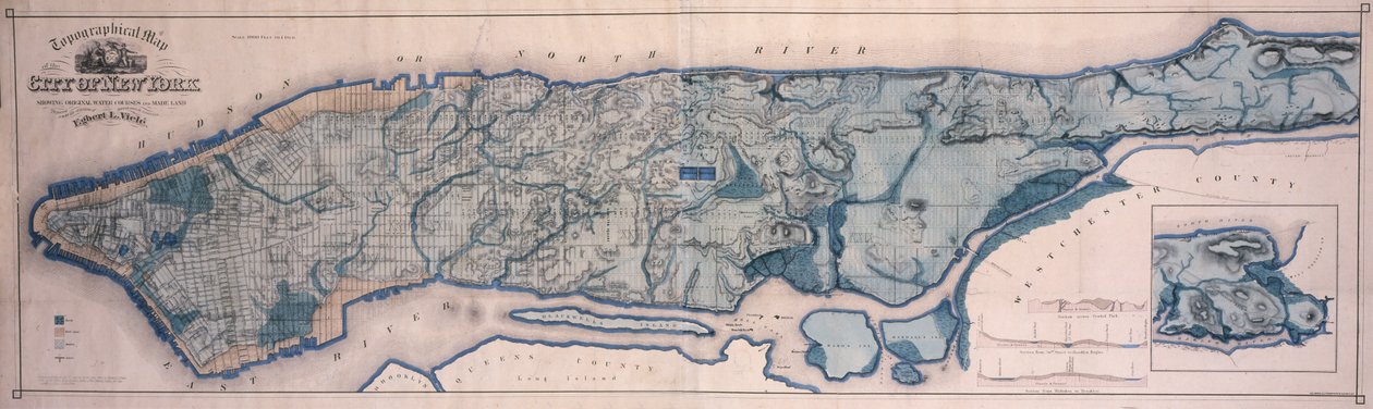 Topografische Karte von New York, zeigt Wasserläufe und aufgeschüttetes Land, 1865 von American School