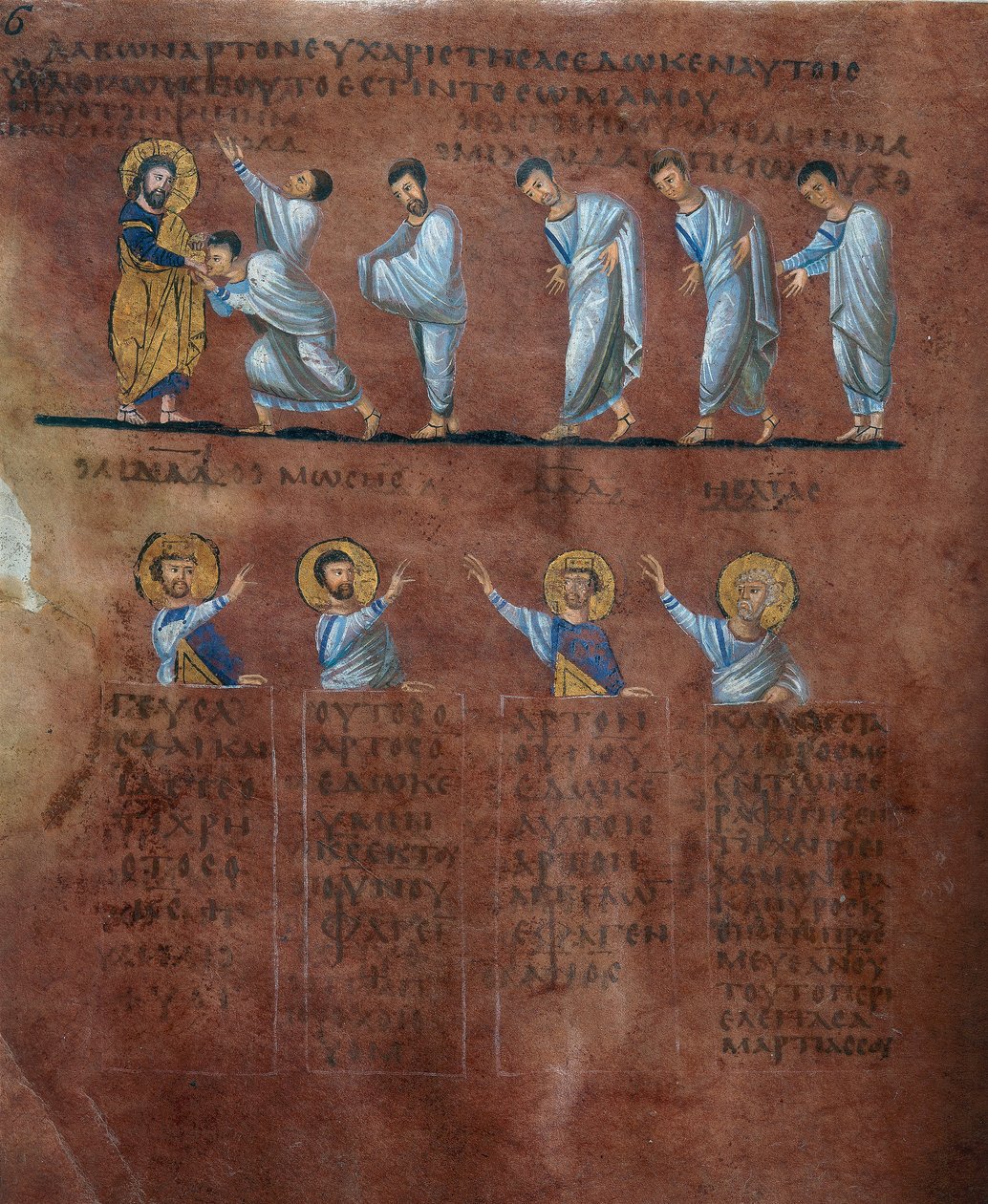 Detail eines Folios aus dem Codex Purpureus Rossanensis, griechische Evangelistenminiatur in einem Skriptorium wahrscheinlich aus Antiochia in Syrien oder Caesarea Palestina. Aufbewahrt im Diözesanmuseum von Rossano von Byzantine School