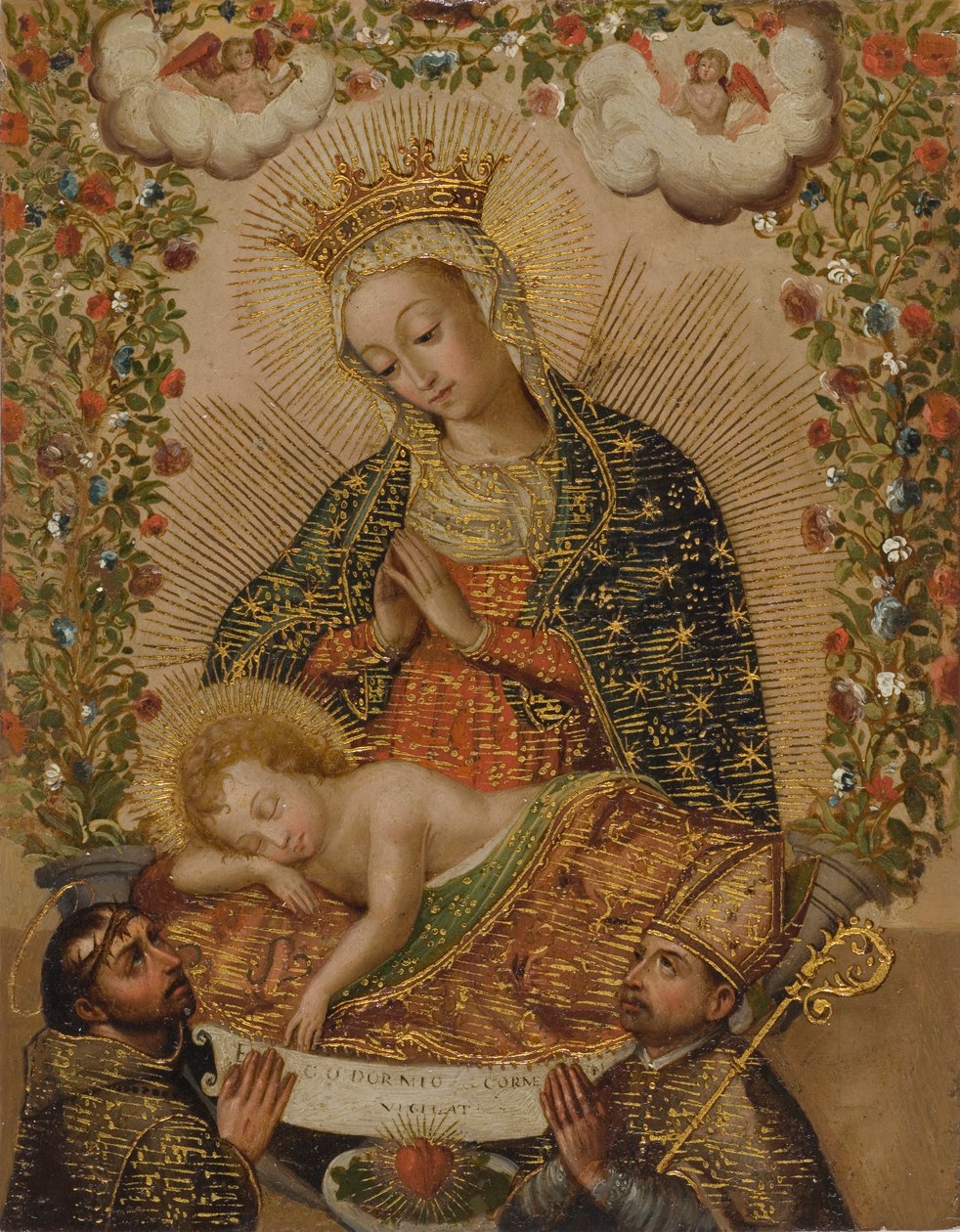 Die Jungfrau, die das Christkind anbetet, mit zwei Heiligen, 18. Jahrhundert von Cuzco School