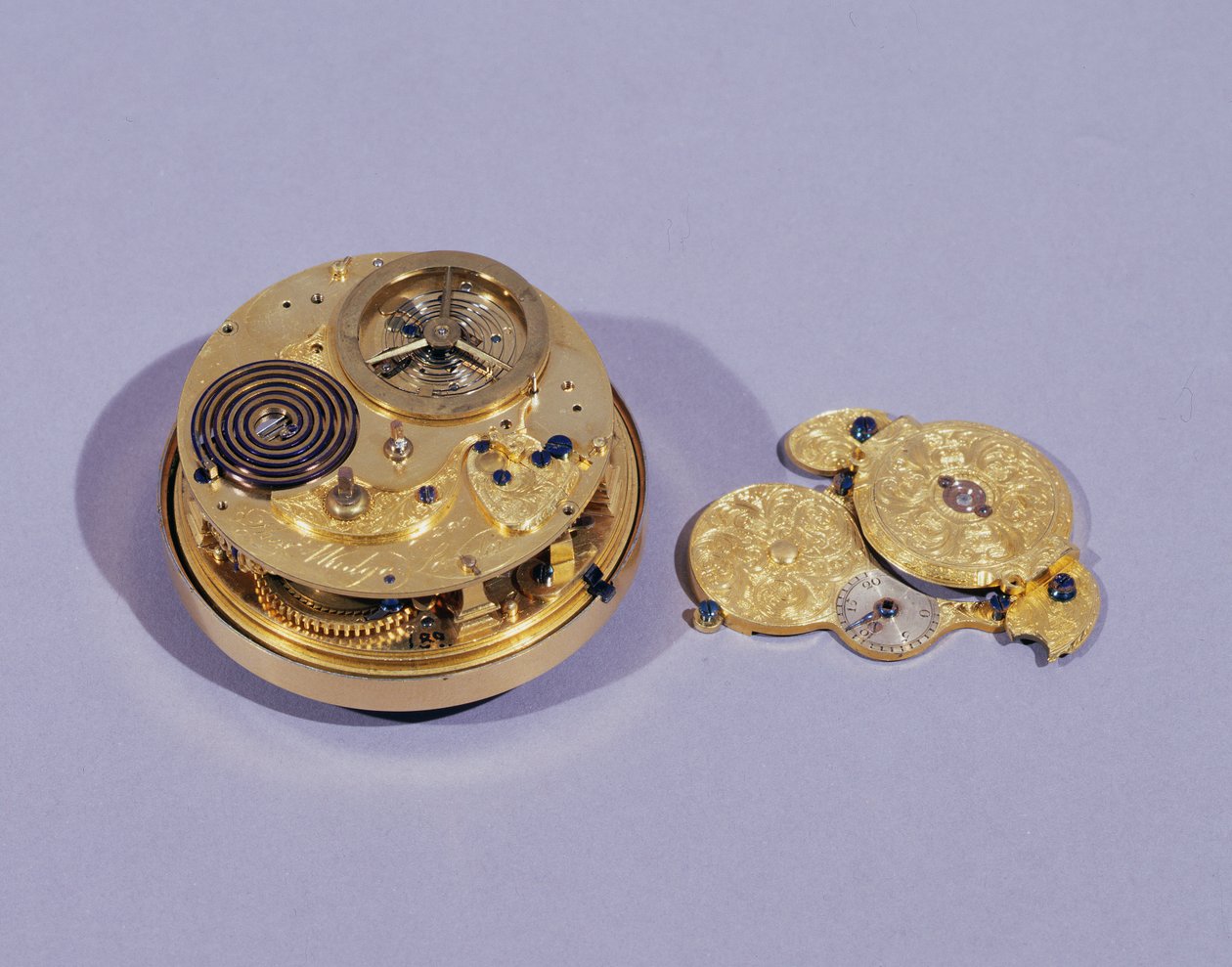 Rückplatte, mit entferntem Unruhkloben, einer Uhr von Thomas Mudge, London, hergestellt für den König von Spanien, 1755 von English School