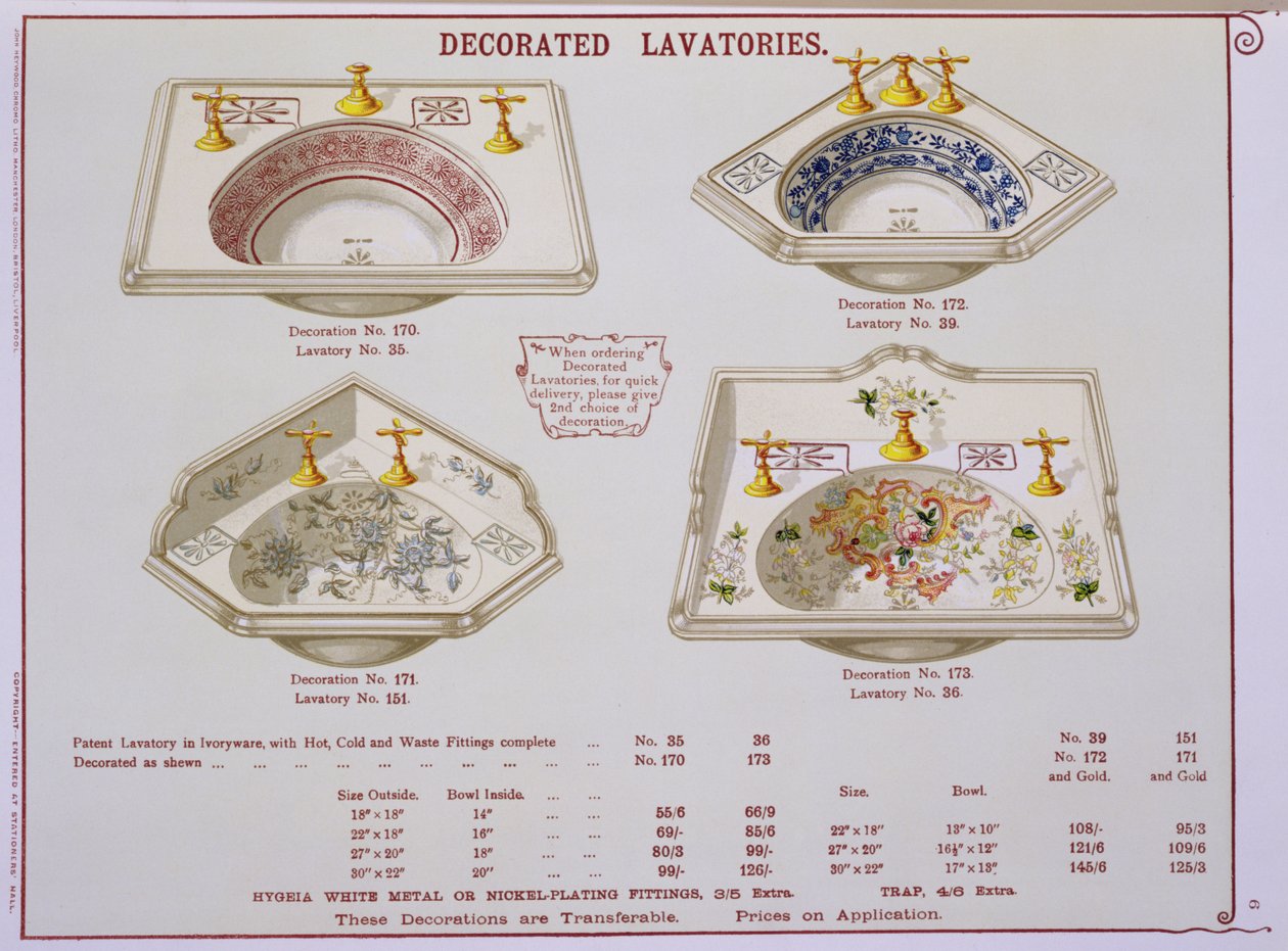 Dekorierte Toiletten aus einem Katalog von Sanitärwaren, produziert von Morrison, Ingram & Co., Manchester, veröffentlicht um 1890 von English School