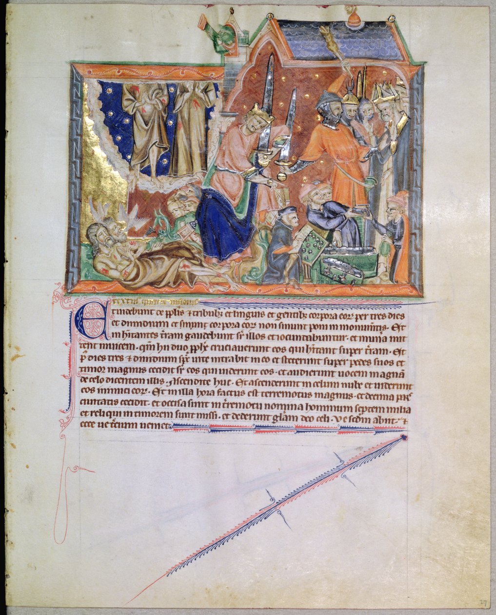 Die Zeugen bleiben unbegraben und ihre Seelen steigen in den Himmel auf, aus der Gulbenkian-Apokalypse, ca. 1265-70 von English School