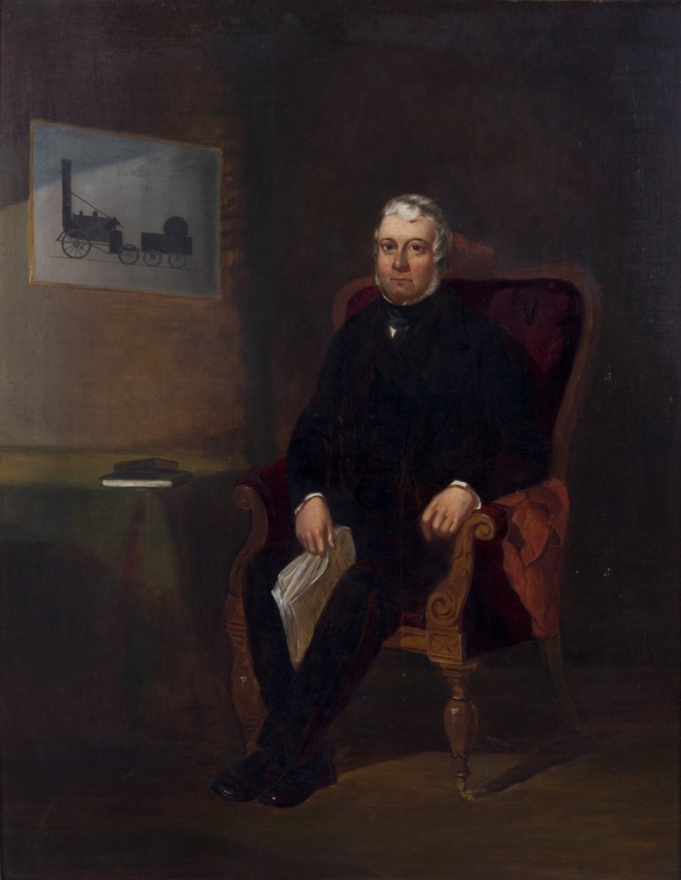 Porträt von Robert Stephenson mit Rakete von English School