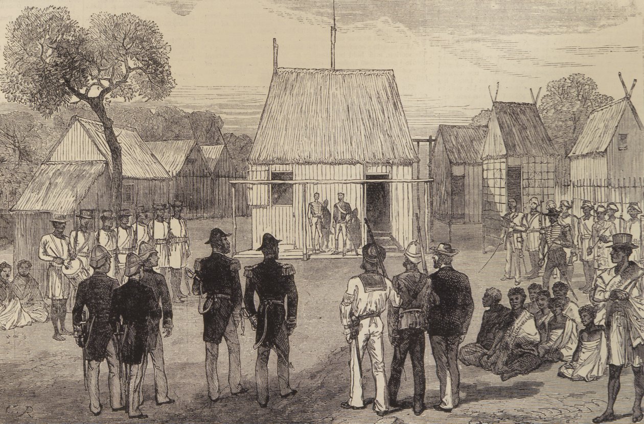 Empfang britischer Marineoffiziere durch den einheimischen Gouverneur von Mohabo, Madagaskar, aus The Illustrated London News, 26. November 1881 von English School