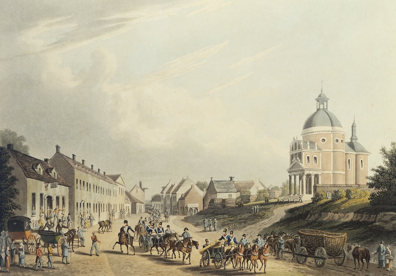 Waterloo. Transport der französischen Kanone vom Schlachtfeld, am 24. Juli 1815 von English School