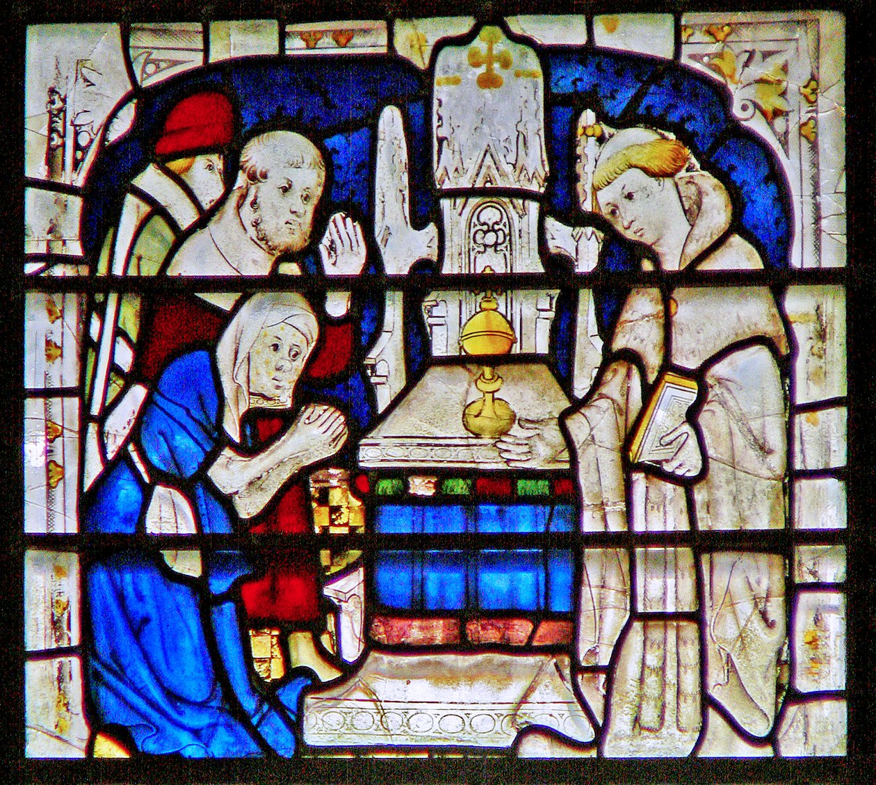 Fenster, das eine Aussätzige zeigt, die am Schrein von St. William Wellcome, York Minster, betet von English School