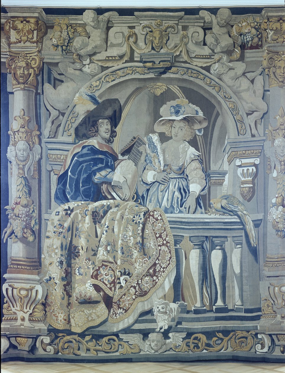 Wandteppich mit Dame und Kavalier auf einem Balkon von Flemish School