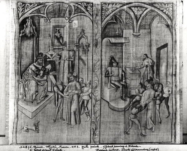 Christus vor Herodes, Christus vor Pilatus, eines von vier Sets für eine Aufführung des Mysteriums der Passion, aus dem Hotel-Dieu, Reims von French School