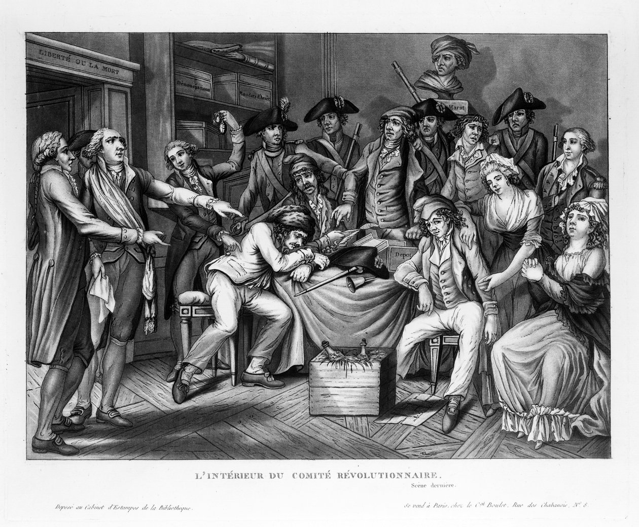 Innenansicht des Revolutionären Komitees, veröffentlicht 1794 von French School