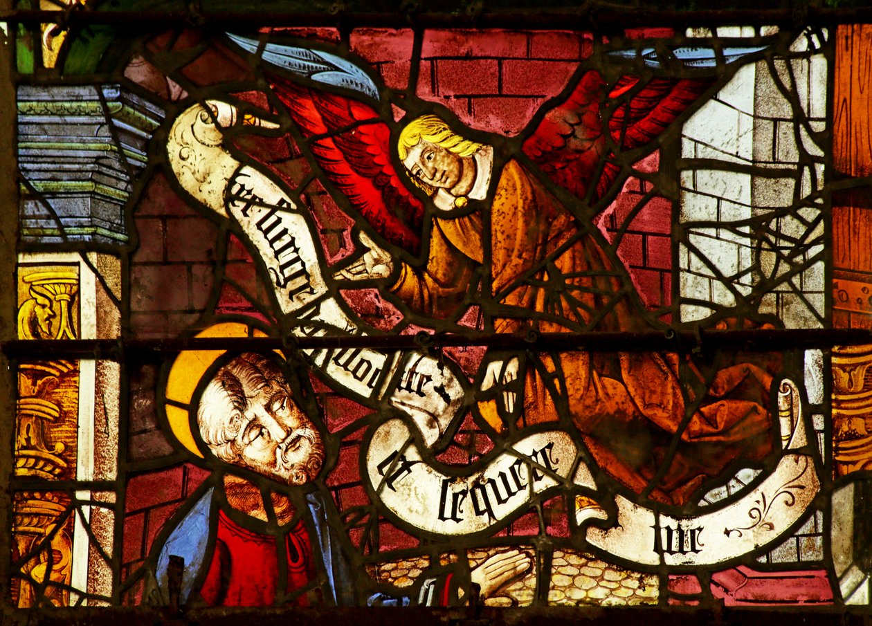 Fenster mit Fragmenten und dem Engel, der dem Heiligen Petrus im Gefängnis erscheint von French School