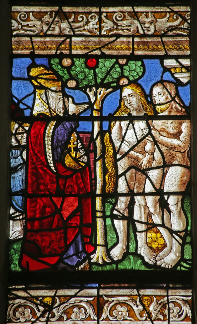 Fenster mit Gott, der Adam und Eva verbietet, die Frucht vom Baum der Erkenntnis zu essen von French School