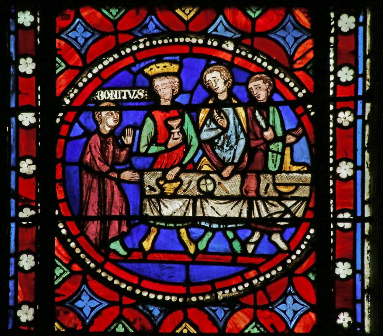 Fenster mit Darstellung einer Szene aus dem Leben des Heiligen Bonnet: Saint Bonnet geht für König Sigebert II. von Austrasien arbeiten von French School