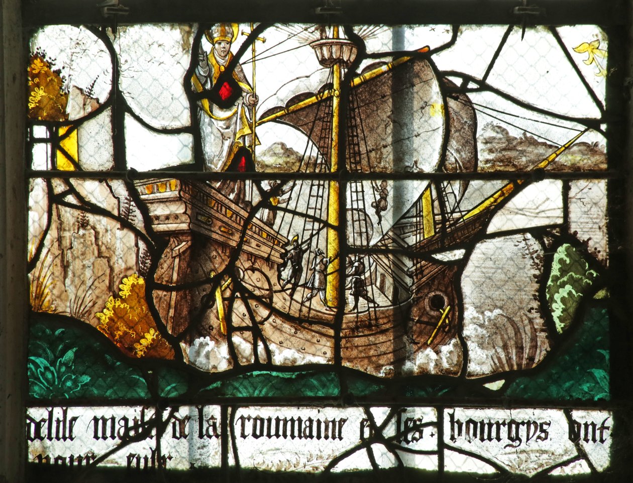 Fenster, das ein Boot mit der Statue des heiligen Clemens darstellt, 16.-17. Jahrhundert von French School