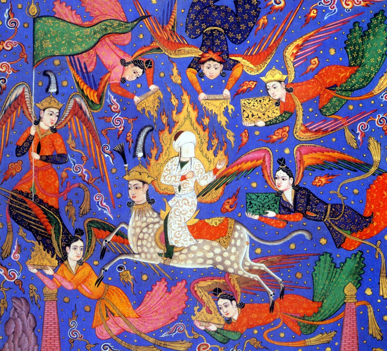Reise von Muhammad, Illustration aus dem Fal-nameh Manuskript, ca. 1610-30 von Indian School