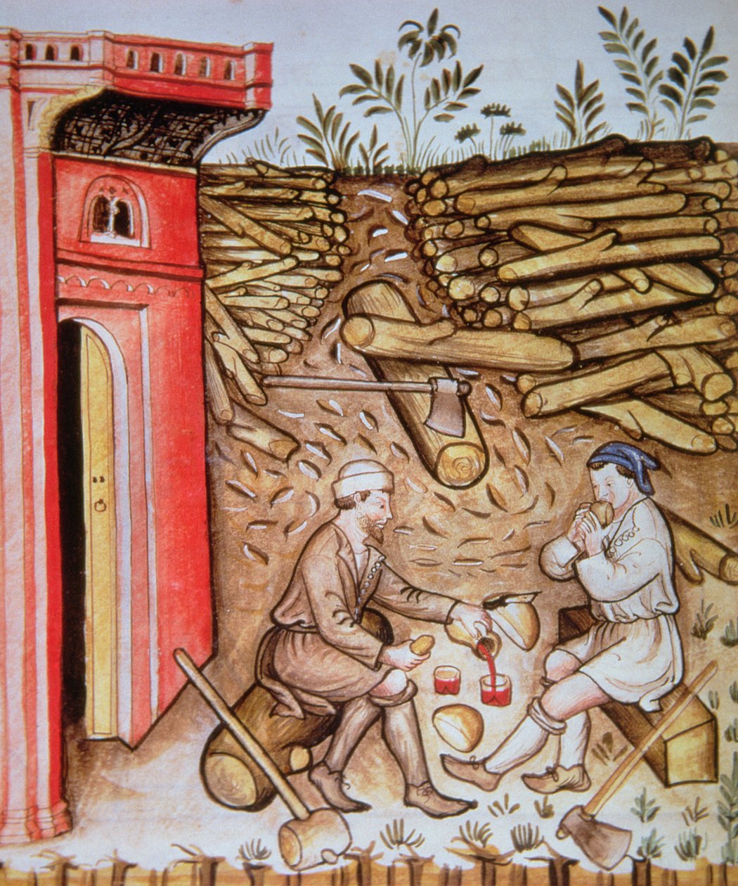 Brot essen und Wein trinken, Illustration aus Tacuinum Sanitatis Codex Vindobonensis von Italian School