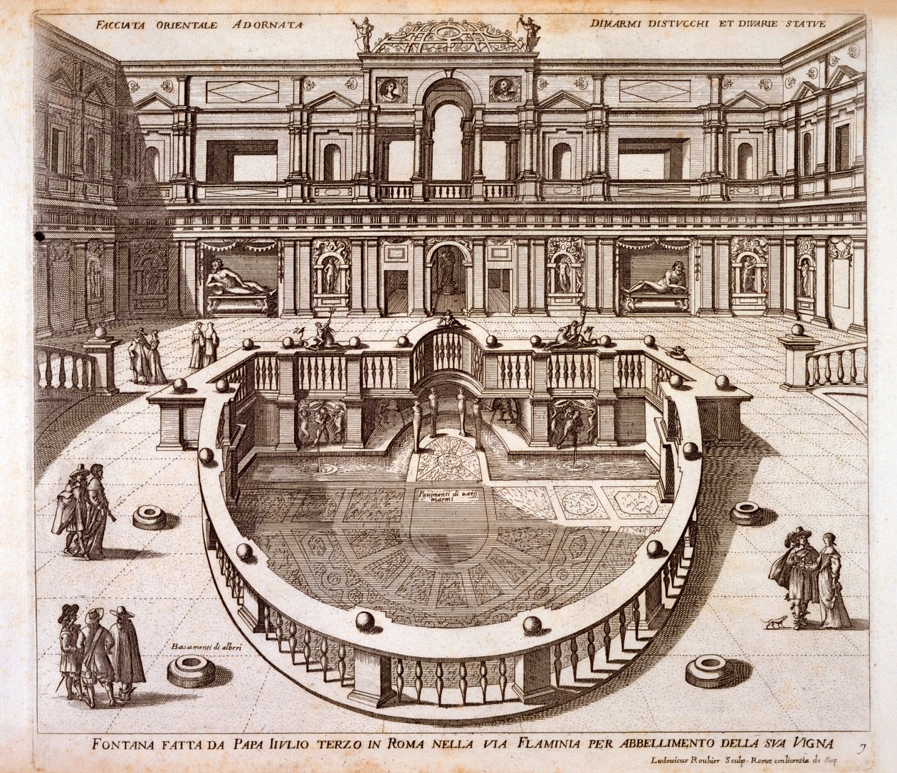 Der Brunnenhof mit Marmorpflaster und Balustraden, gebaut für Papst Julius III. in seinem Palast nahe der Via Flaminia, Rom von Italian School